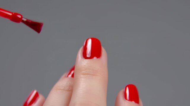 Applying vibrant red nail polish on fingernails, close-up shot in beauty salon - Powered by Adobe
