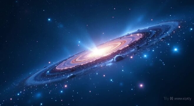 artist impression black hole center galaxy surrounded stars illuminated bright light bottom right cor