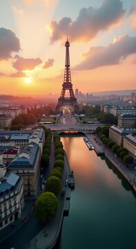 iconic eiffel tower paris france surrounded buildings trees vehicles road bridge water sky filled clou