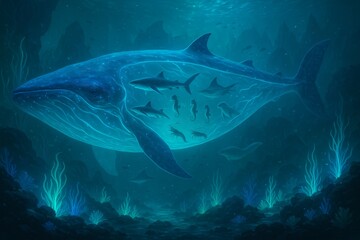 Obraz premium Majestic whale swimming among smaller fish in deep ocean waters 