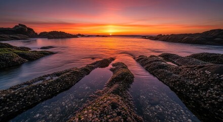 Dramatic sunset over a rocky coastline