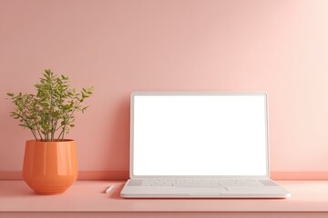 Fototapeta premium Pastel pink workspace with laptop and plant