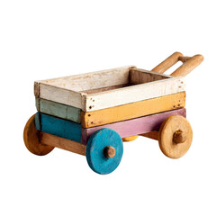 Colorful handmade wooden wagon with a handle and four wheels a charming rustic toy for children isolated on transparent background
