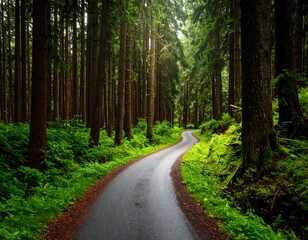 Fototapeta premium Serpentine asphalt road winding through a dense forest with towering trees and vibrant foliage