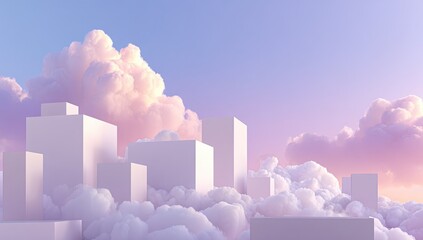 Soft pastel cityscape on fluffy clouds