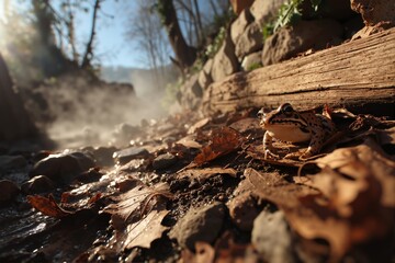 Frog on rocky shoreline during autumn amphibian migration, surrounded by autumn leaves. Concept of autumn amphibian migration highlighting peaceful nature scene in warm sunlight.