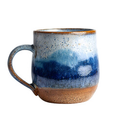 Handcrafted ceramic mug with blue and white glaze and rustic brown base isolated on transparent background