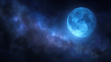 Blue full moon glowing against starry Milky Way galaxy background cosmic night sky serene and dreamy celestial scene