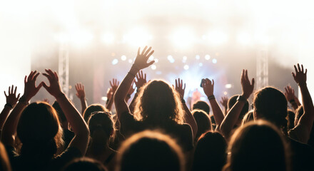 Enthusiastic crowd raises hands at a concert.