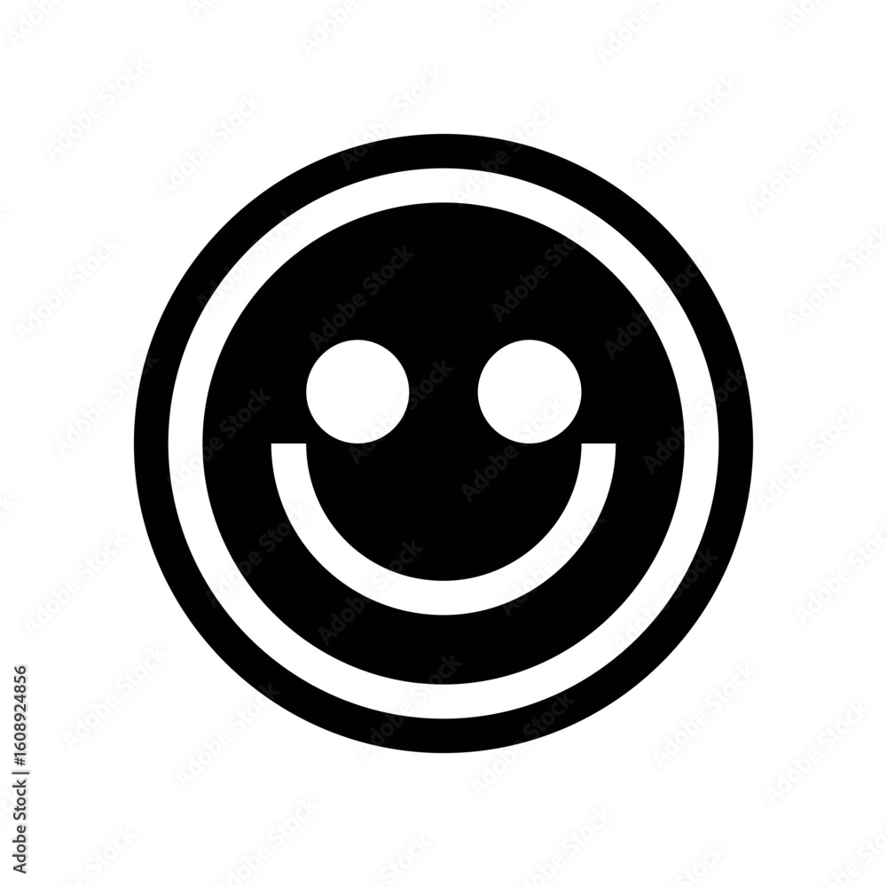 Poster a simple black and white smiley face icon with a round shape and a cheerful expression displayed