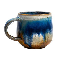 Artistic ceramic coffee mug with blue and brown drip glaze design isolated on transparent background