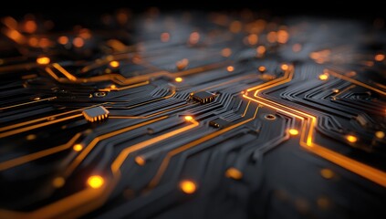 Close-up intricate circuit board with glowing orange pathways