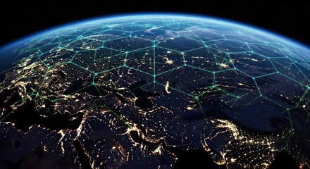 Earth at night, overlaid with a network of interconnected points. Global connectivity, city lights, and a hexagonal grid pattern are visible