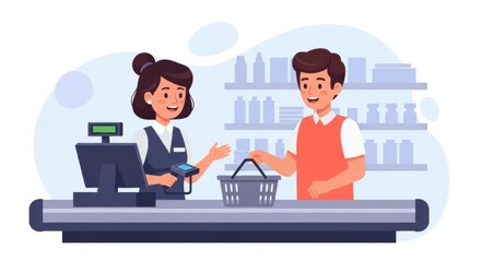 Friendly cashier interaction at checkout counter in grocery store