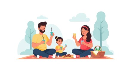 Happy family enjoying a picnic with drinks and snacks in a park setting