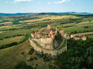 Aerial drone view on Rupea Fortress is a medieval fortress built by Transylvanian Saxons in the...