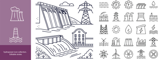 Set of  outline icons to hydro power. hydro power Linear icon collection. Editable stroke. Vector illustration