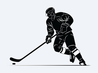 Silhouettes of hockey players competing against a white background