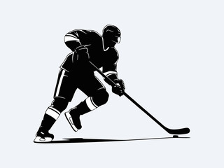 Silhouettes of hockey players competing against a white background