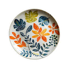 Artistic ceramic plate with colorful floral and botanical leaf patterns in autumn hues isolated on transparent background