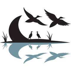 Birds Flying Over Lake Surface Reflection