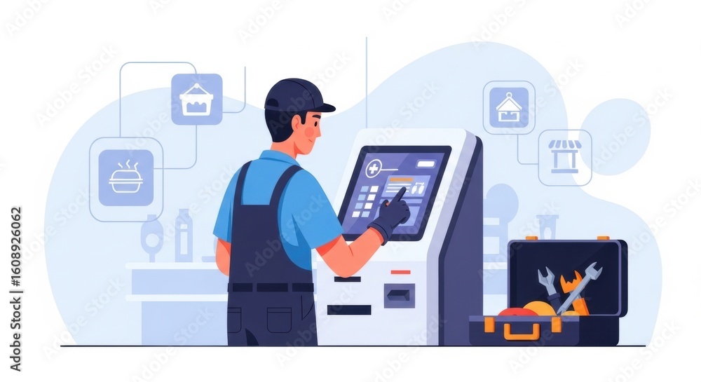 Poster technician operating smart vending machine in modern setting