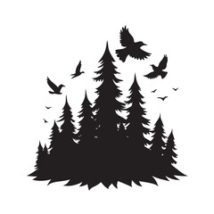 Birds Flying Through Foggy Pine Forest