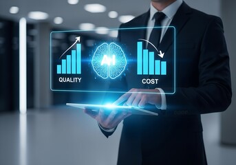 Man in suit using tablet displaying ai brain with quality and cost bar graph interface overlay