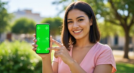 Smiling woman outdoors displays smartphone with green screen, pointing at the screen.