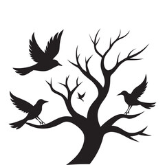 Birds Flying With Tree Branches Below
