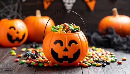 Scary carved pumpkin jack-o-lantern with an evil face, a spooky Halloween decoration for the autumn season