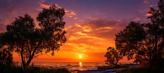 Golden orange sunrise reflects on calm sea with silhouetted trees in the distance