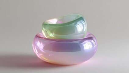 Two iridescent bowls, stacked, soft pastel colors, glossy finish