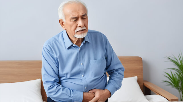 Senior, old man having right-sided abdominal pain