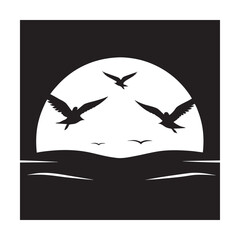 Bird Flock Flying Across Blue Ocean