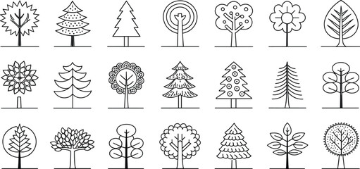 24 Minimalist Tree Line Art Icons for Eco-Friendly Design Projects and Illustrations Nature-Inspired Vector Graphics for Adobe Stock SEO Optimization