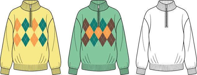 Colorful argyle pullover sweater with half zip, ribbed cuffs, high collar, flat fashion sketch, front view, vector template design. flat vector illustration