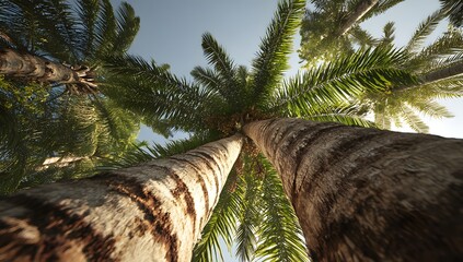 Upward view of tall palm trees under clear blue sky on a sunny day