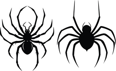  Set of Halloween spider silhouette. Black and white spider hanging vector editable file. Spider, Spider Web, Skeleton, Haunted House, Owl, Candle, Mask, Chains, Graveyard, Raven