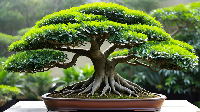 A Ficus Microcarpa Bonsai, Celebrated for Its Impressive Aerial Root System-
