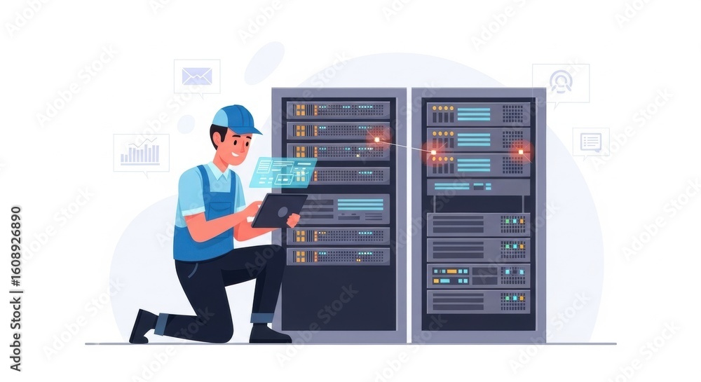 Poster technician inspecting data center servers with digital tablet in modern infrastructure setup