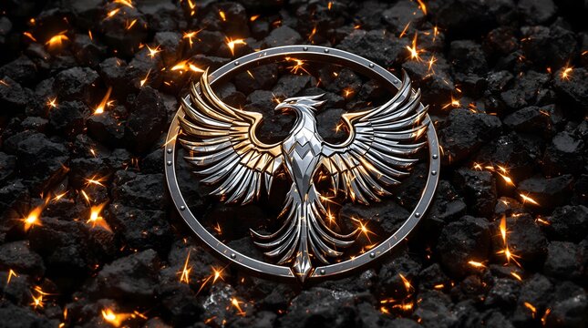 Majestic phoenix emblem reborn from glowing embers amidst dark, fiery coals