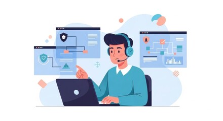 Customer support specialist at desk surrounded by technical schematics and computer interfaces