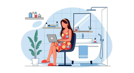 Woman working on laptop in bathroom, perfect for articles about work-life balance or remote work.