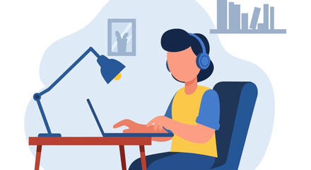 Person working from home on laptop, wearing headphones, ideal for remote work, online education, or freelance websites.