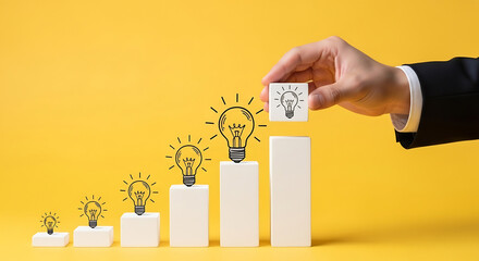 Building Success with Ideas: Growing Bar Chart with Lightbulbs on Yellow Background Illustration