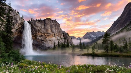 Stunning waterfall cascading into a vibrant mountain lake at sunset