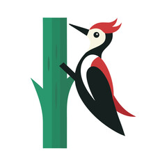 Woodpecker Pecking Tree With Sharp Beak