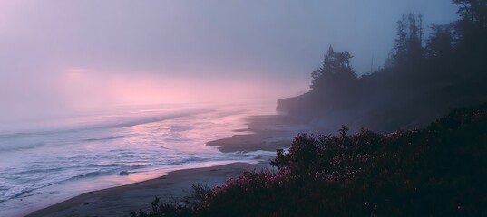 Tranquil morning light touching forest edge and still sea, a serene coastal view