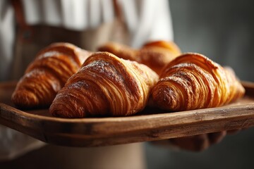 Freshly baked croissants served on a wooden tray at a cozy bakery in the morning light